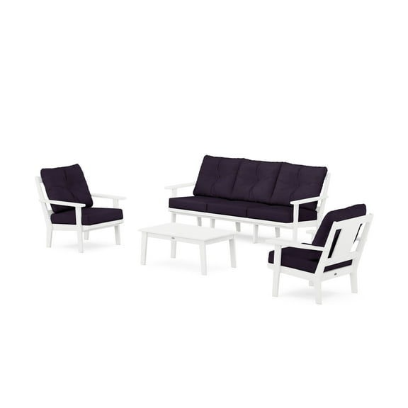 POLYWOOD® Prairie 4-Piece Deep Seating Set with Sofa in White / Navy Linen