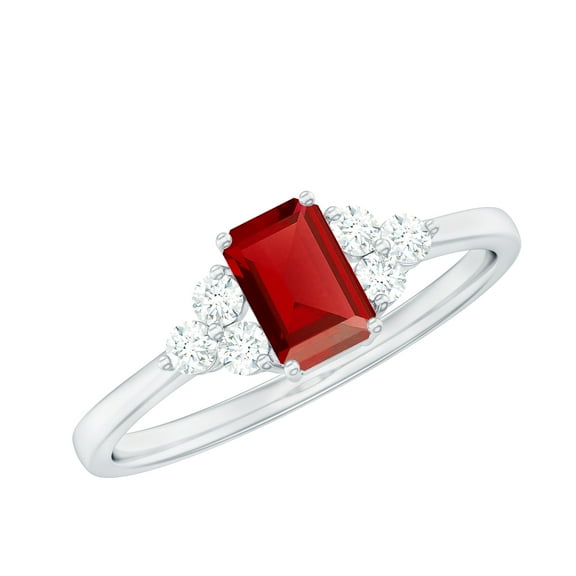 Rosec Jewels Emerald Cut Lab Grown Ruby Solitaire Ring with Diamond (4X6 mm, AAAA Grade), 925 Sterling Silver, US 4.00