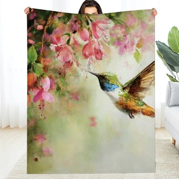 Creowell Hummingbird Flowers Lightweight Reversible Flannel Blanket 30*40in