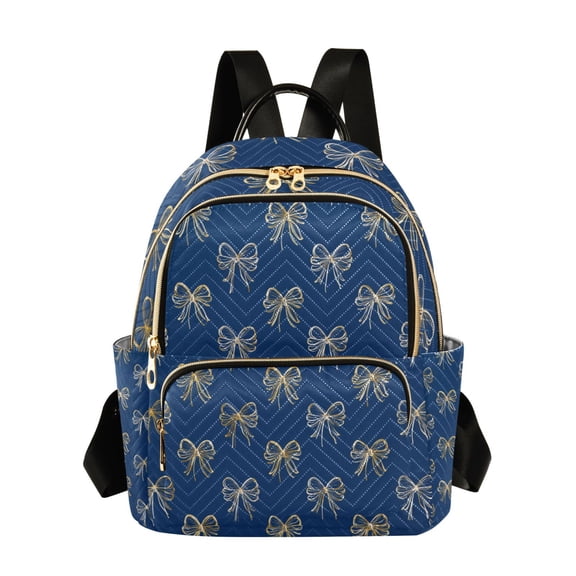 Blue Background Gold Bows Quilted Backpack Fashion Daypack Commuter Bag for Women 8.5 L
