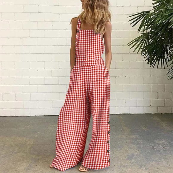 lcziwo Clearance Sales Today Deals Prime Cotton Linen Rompers for Women,Women Sleeveless Overalls Jumpsuit Casual Plaid Print Summer Wide Leg Bib Pants Red,S