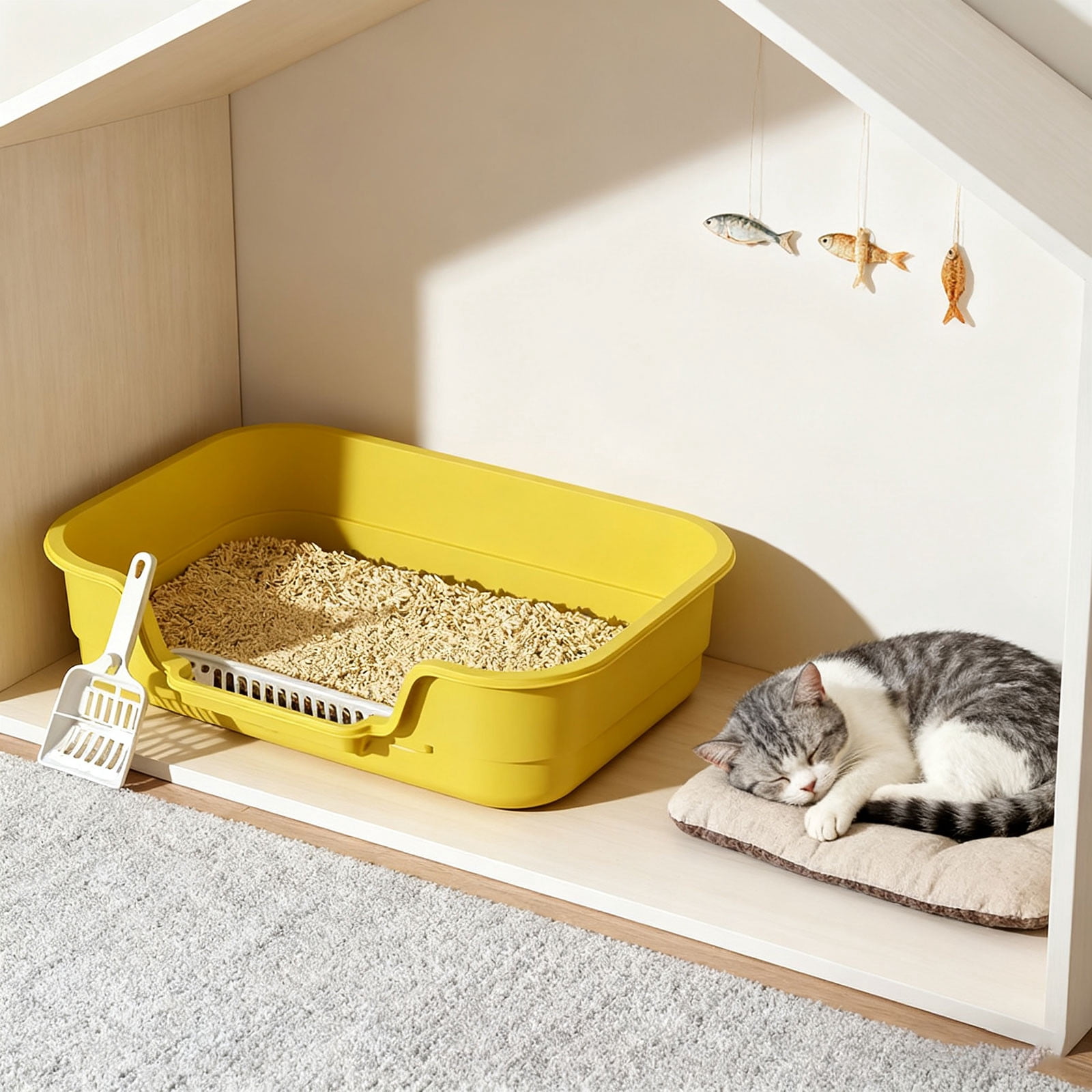 Cat Litter Box Semi-Enclosed, High Sided Anti-Splatter Litter Pan with Scoop, Odor Control, for Indoor Small to Medium Cats 17 Inch，Yellow