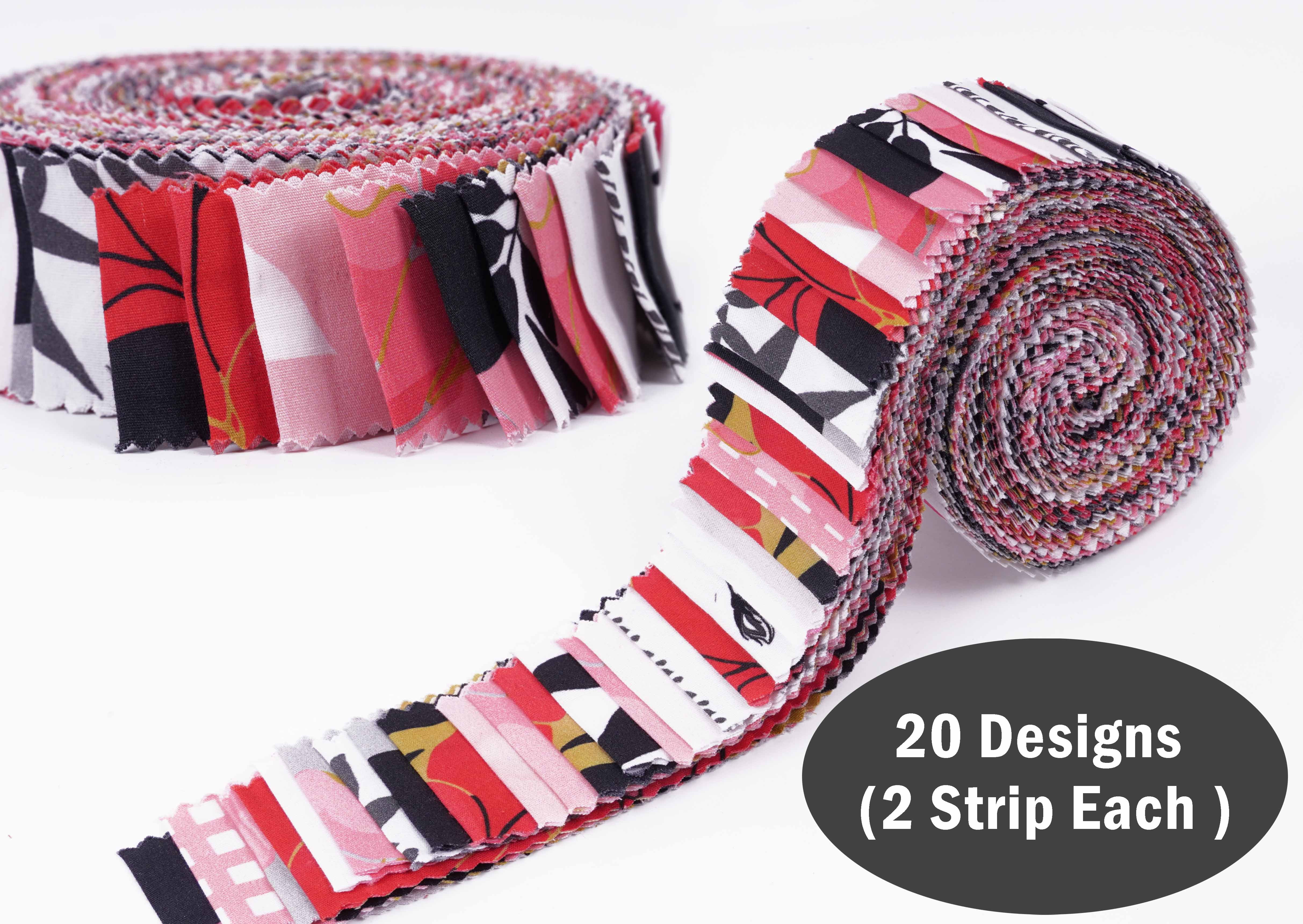 Soimoi 40Pcs Floral Print Precut Fabrics Strips Roll Up 1.5x42inches Cotton Jelly Rolls For Quilting - Pink White & Black
