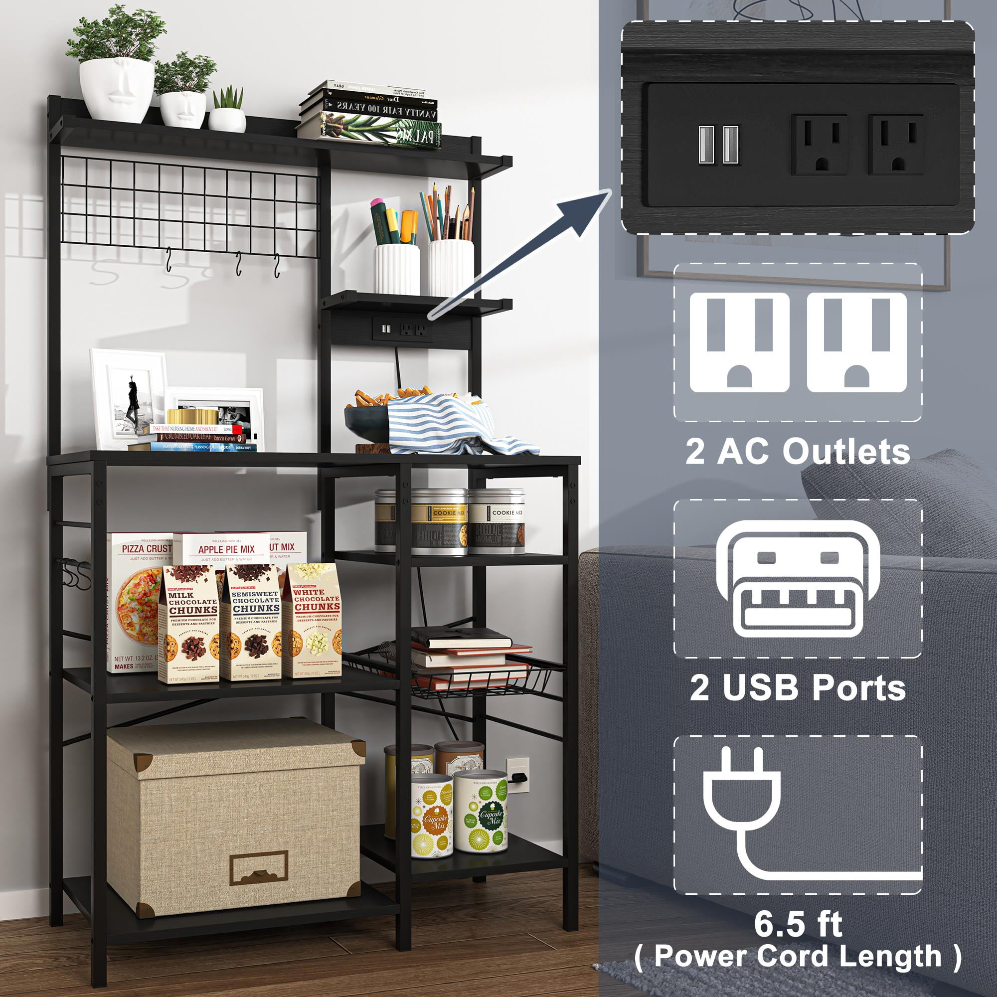 Finihen Large Bakers Rack with Power Outlets, 6-Tier Microwave Stand, Coffee Bar with 8 S-Shaped Hooks, Kitchen Shelf with Wire Basket, Black Finihen Large Bakers Rack with Power Outlets, 6-Tier Microwave Stand, Coffee Bar with 8 S-Shaped Hooks, Kitchen Shelf with Wire Basket, Black
