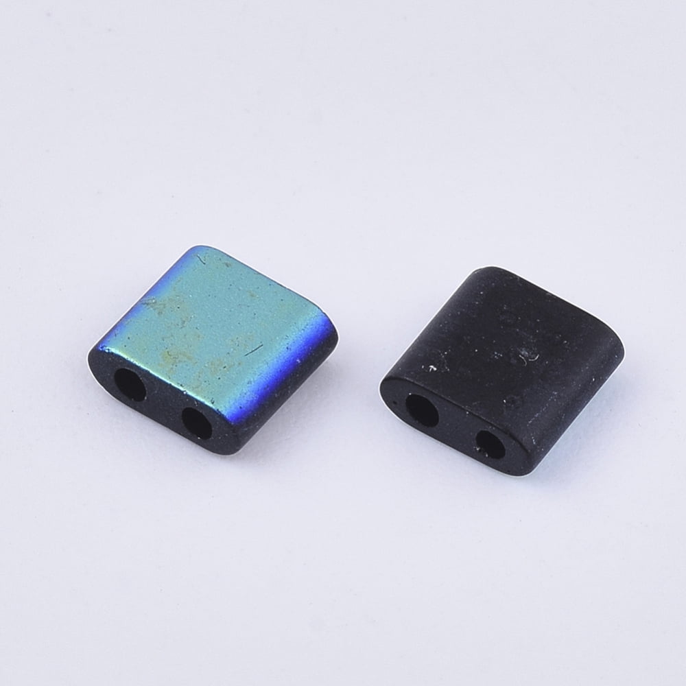 1bag 2-Hole Glass Seed Beads Half Rainbow & Frosted Colours Square Black 5x4.5~5.5x2~2.5mm Hole: 0.5~0.8mm about 1180pcs/bag