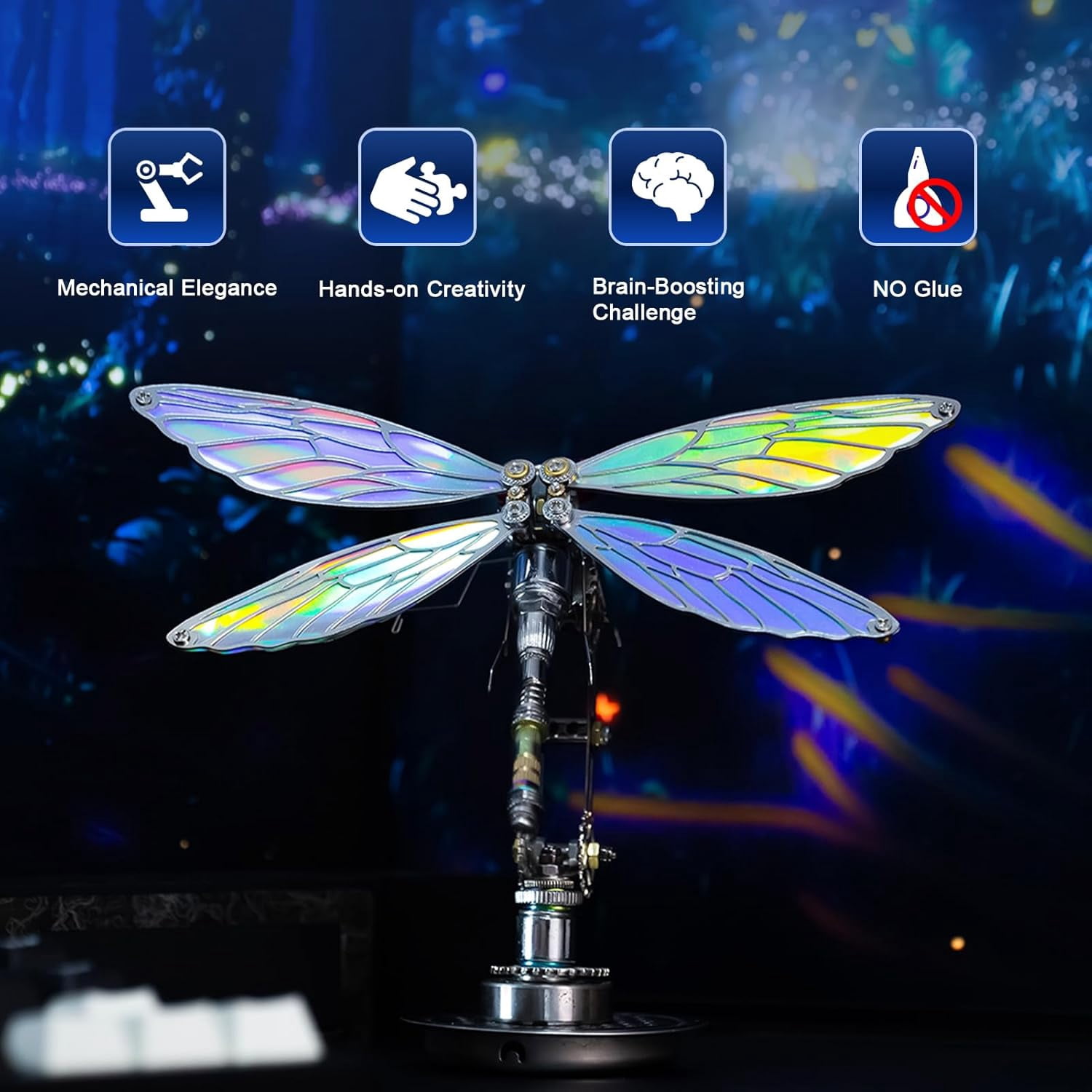 Mostarle 3D Metal Puzzle Cyberpunk Dragonfly, Color-Shifting Electroplated Wings, Adjustable Display, DIY Mechanical Model Kit for Adults & Teens, Gift
