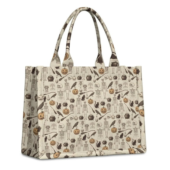 Large Capacity Tote Bag,Beige Halloween Skull Pumpkin Cat Pattern Handbag Fashion Luxury Tote Bag,15.7"x13"x 5.1" Inches,Laptop Compatible