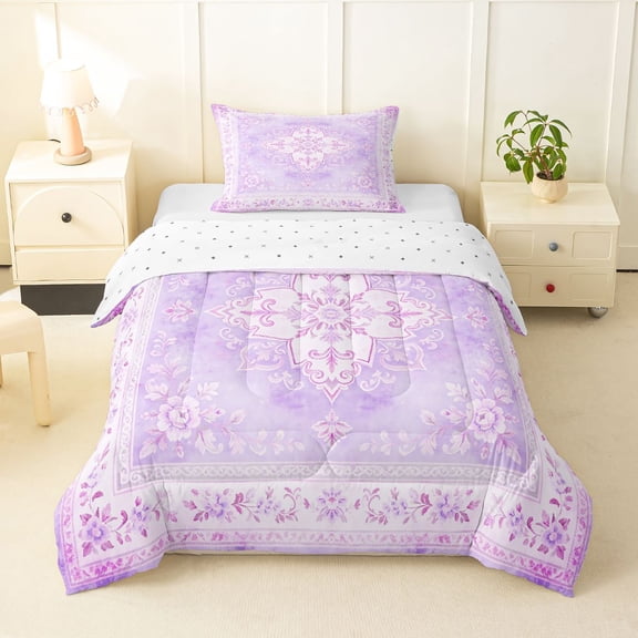 Homewish Purple Boho Mandala Floral Twin Comforter Sets,Dreamy Bohemian Bedding Set,Reversible,2 Pieces,1 Comforter and 1 Pillowcase