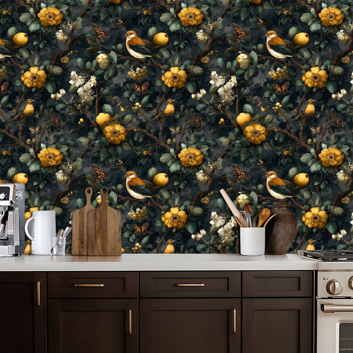 Peel and Stick Wallpaper 17.7in x 9.8ft Vintage Botanical Birds Butterflies Golden Flowers Dark Contact Paper Vinyl Self-Adhesive Removable Wall Paper for Bedroom DIY Home Decor Renter Friendly