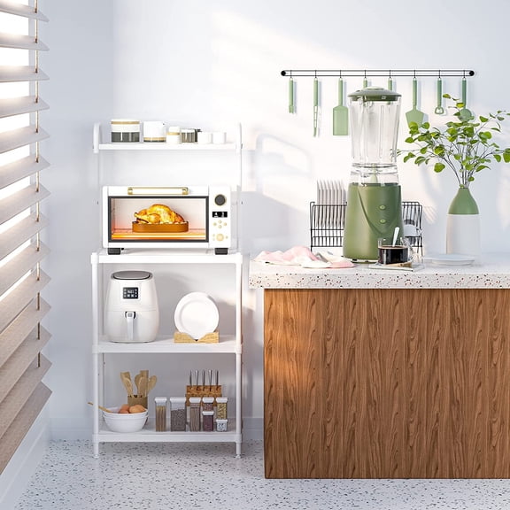 4-Tier Kitchen Bakers Rack with Storage, White Metal Microwave Stand Cart for Oven Coffee Bar