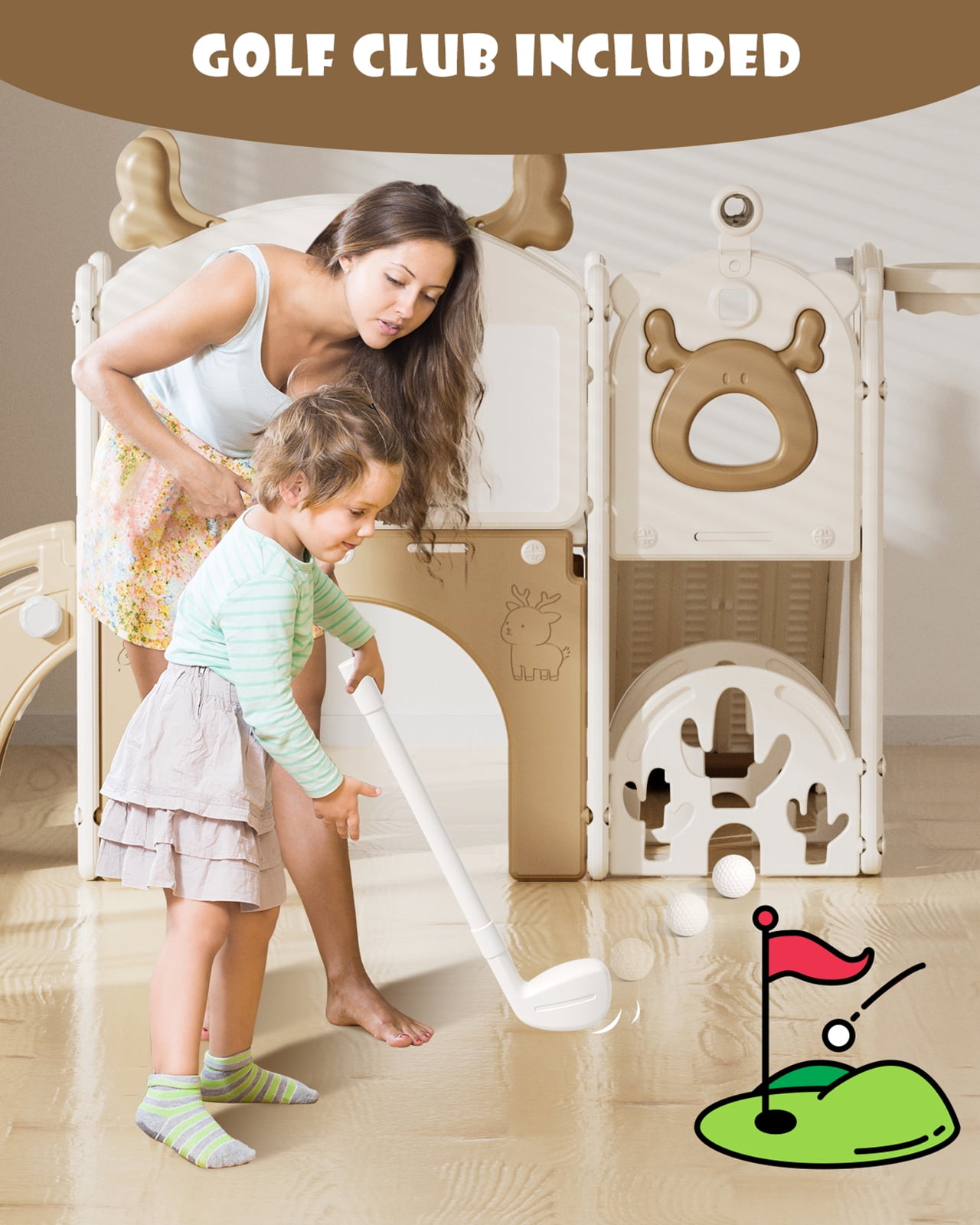 KORIMEFA 11-in-1 Toddler Slide, Kid Slide for Toddlers Age 1-3 with Golf Set, Ring Toss, Basketball Hoop, Drawing Board and Telescope, Indoor Outdoor Playset Playground, Coffee