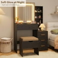 thumbnail image 3 of IDEALHOUSE Dressers Vanity Desk with Sliding Mirror, 4 Drawers, 7 Shelves, Charging Station, Lights, Black Modern Makeup Table with Stool for Bedroom, 3 Lighting Modes, 3 of 8