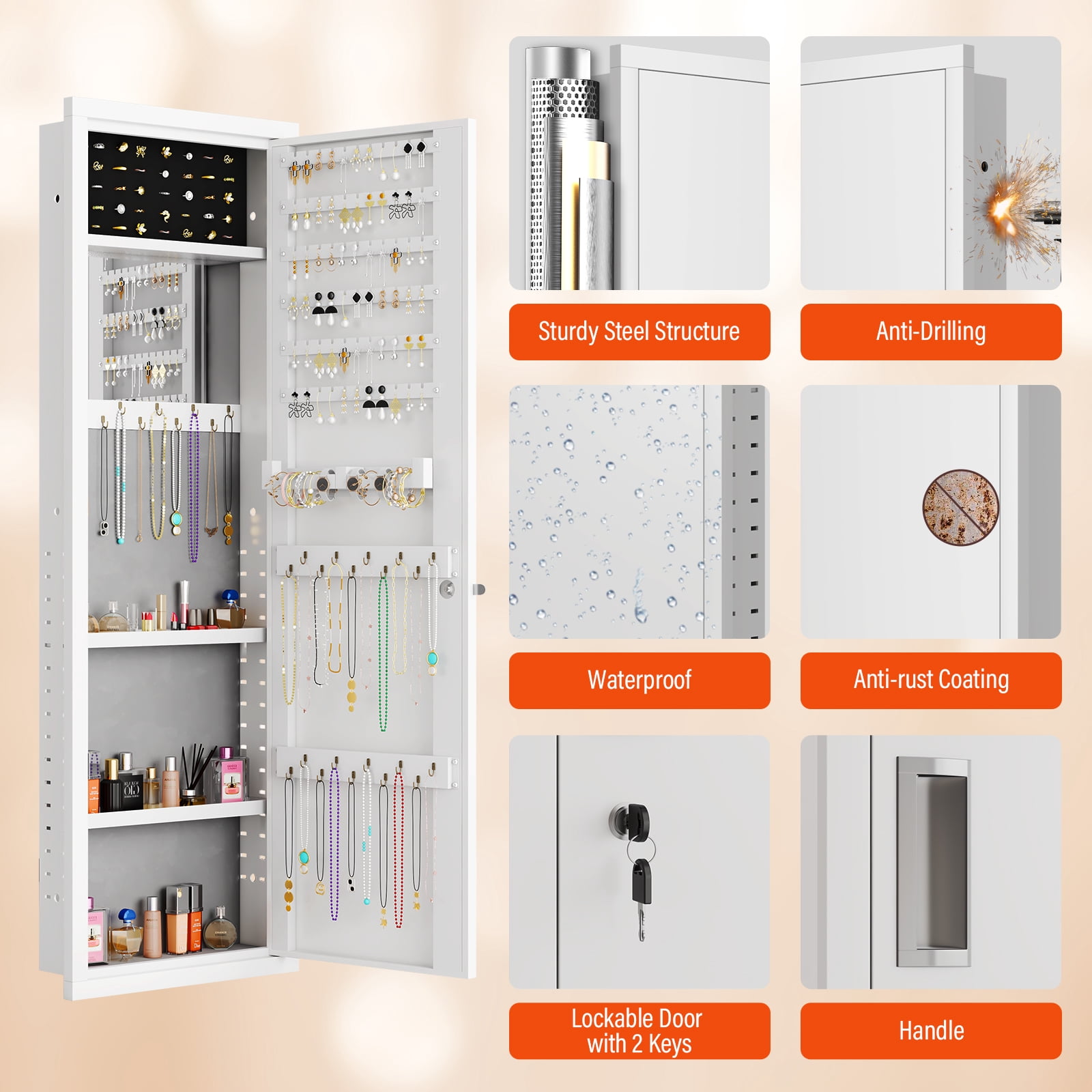 Mirror Jewelry Cabinet, 47.24" Tall Wall Mounted Jewelry Cabinet with Mirror and Light, Large Jewelry Armoire Organizer, Jewelry Storage with Lock & Adjustable Shelves (White
