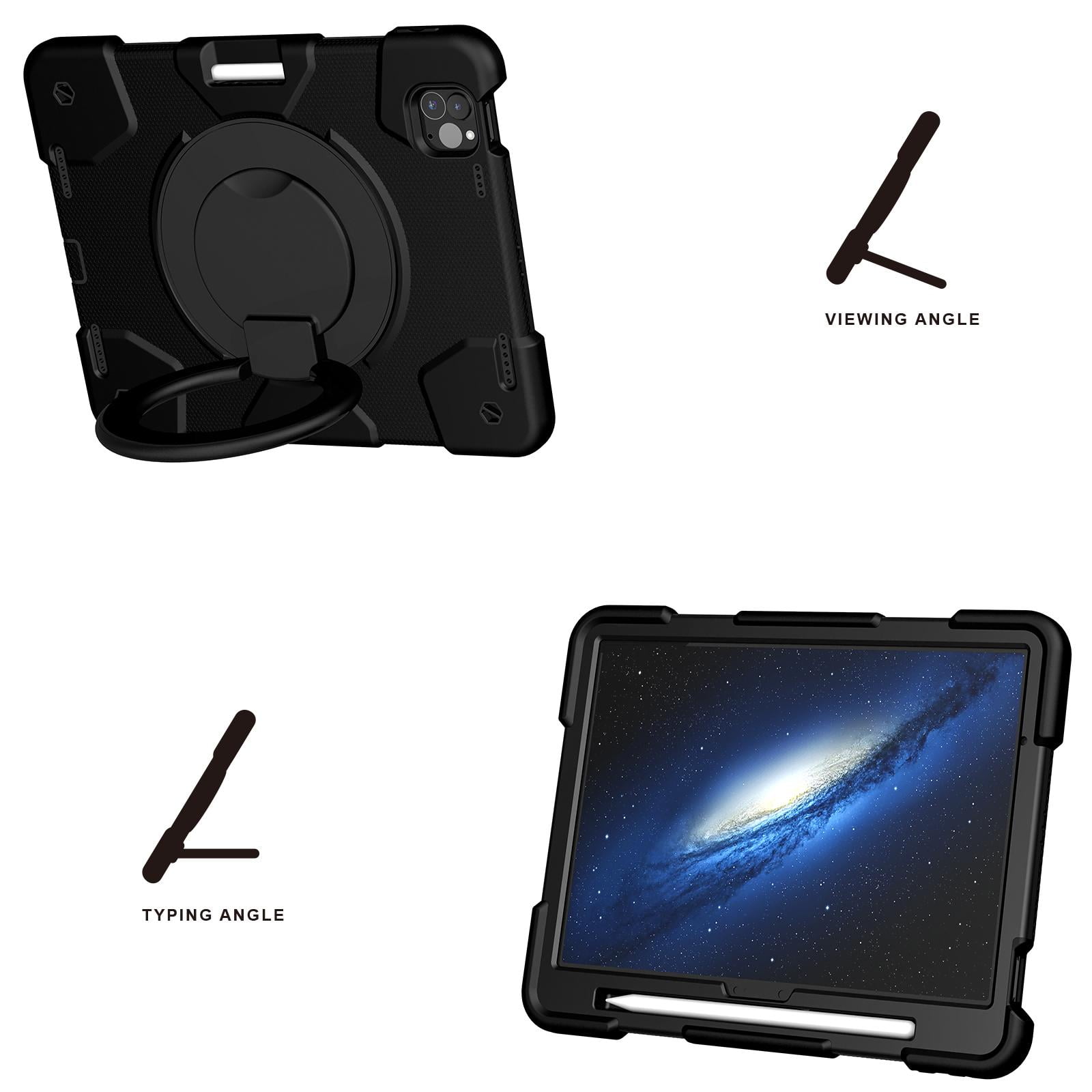 ELEHOLD Military Grade Shockproof Case For Apple iPad Air 11 (2024), Heavy Duty Protection Ring Stand Cover, Adjustable Angel, Detachable Shoulder Strap, Pencil Holder, Blacck