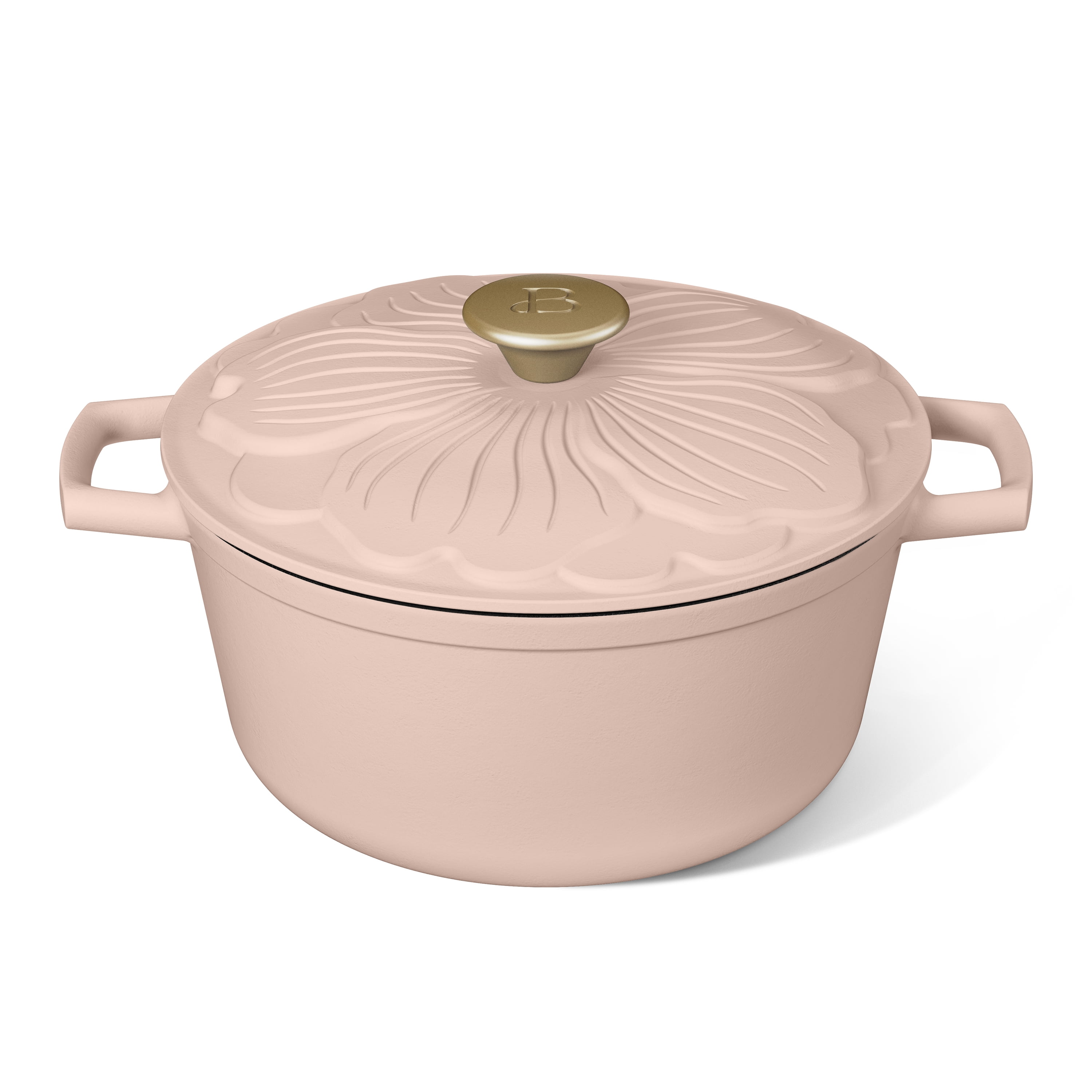 Beautiful 4 Quart Enameled Cast Iron Round Dutch Oven with Petal Design Lid, Rose by Drew Barrymore