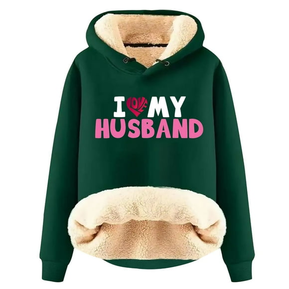 Penkiiy I Love My Husband Hoodie Sweater for Wife Womens Casual Winter Warm Fleece Sherpa Lined Pullover Hooded Sweatshirt L Green