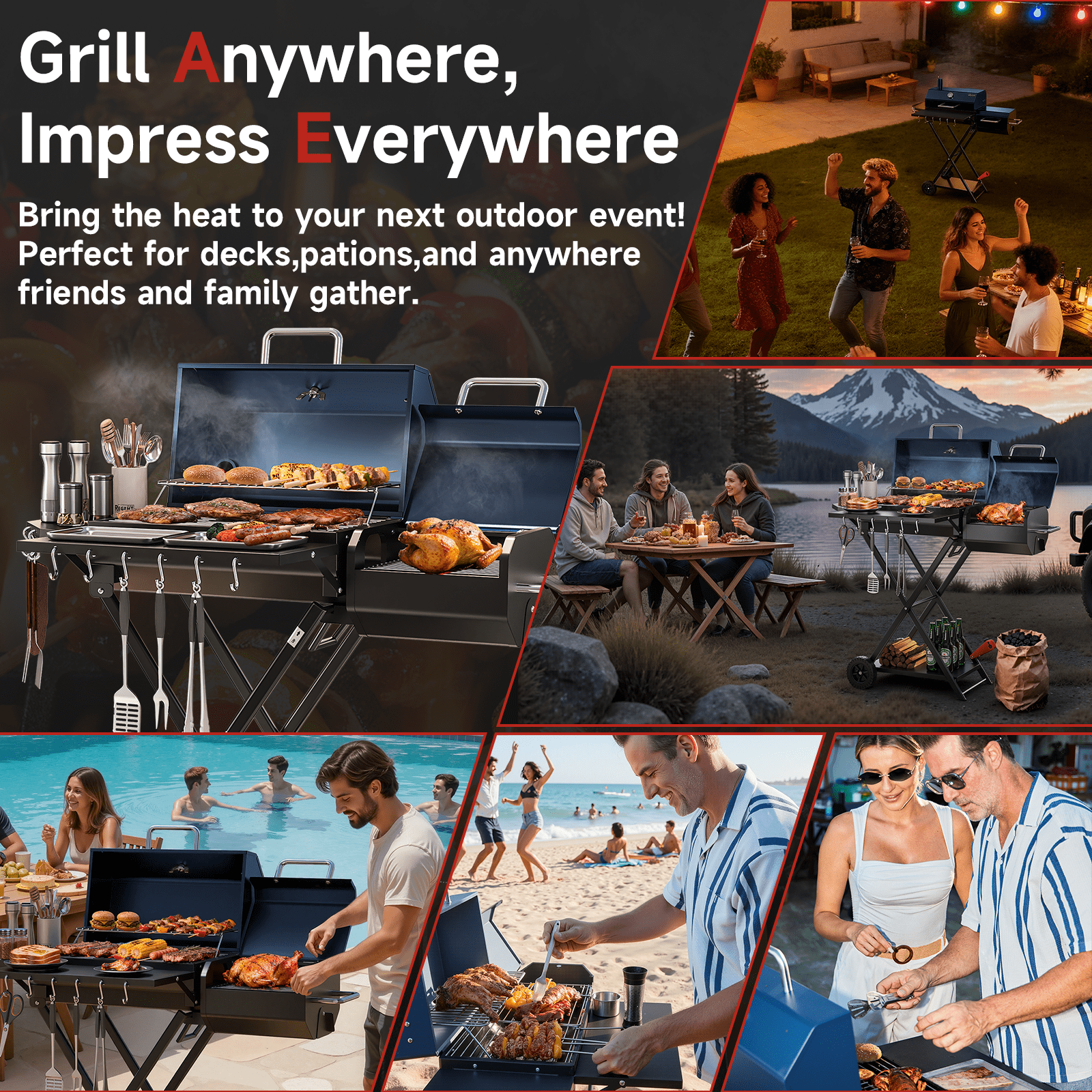 KScocina Barrel Charcoal Grill with Offset Smoker, 2-in-1 Foldable Suitcase BBQ Combo, 600 sq. in. with Waterproof Cover, for Outdoor Grilling and Backyard Cooking,Blue