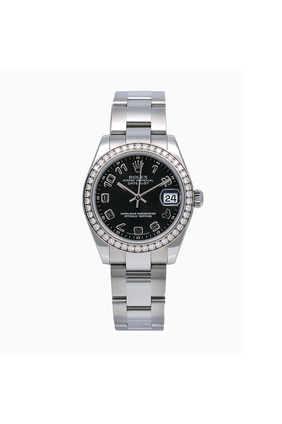 Pre-Owned Rolex Datejust 178384 31 mm Black Dial Factory Diamond Bezel Stainless Steel Bracelet Ladies Watch