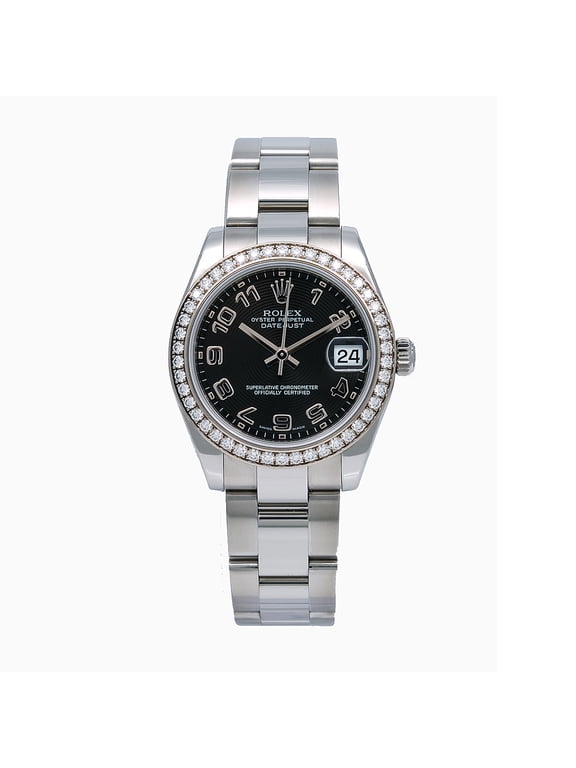 Pre-Owned Rolex Datejust 178384 31 mm Black Dial Factory Diamond Bezel Stainless Steel Bracelet Ladies Watch