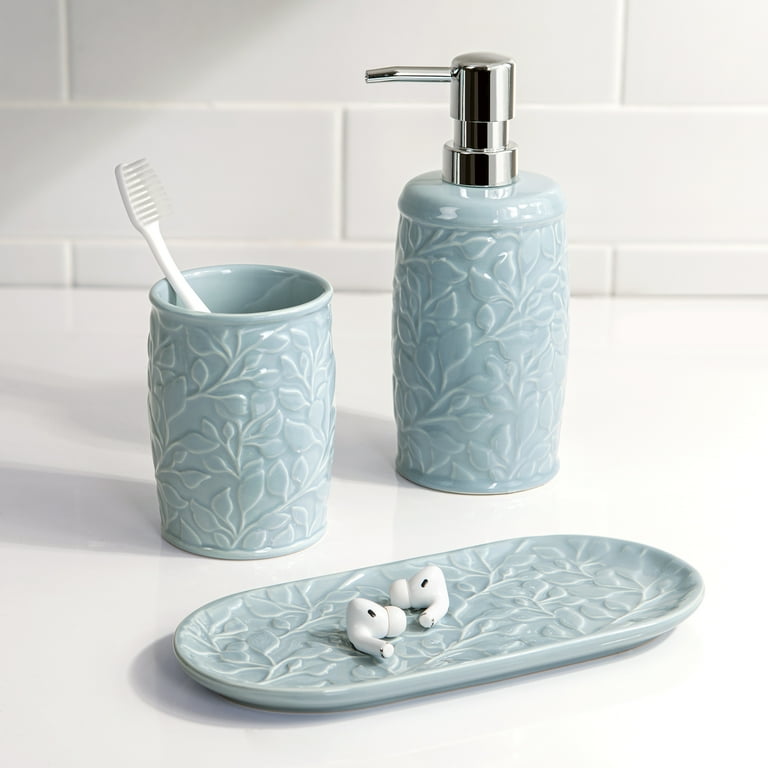 Mainstays Floral Ceramic Lotion Pump, Blue Embossed Dispenser with