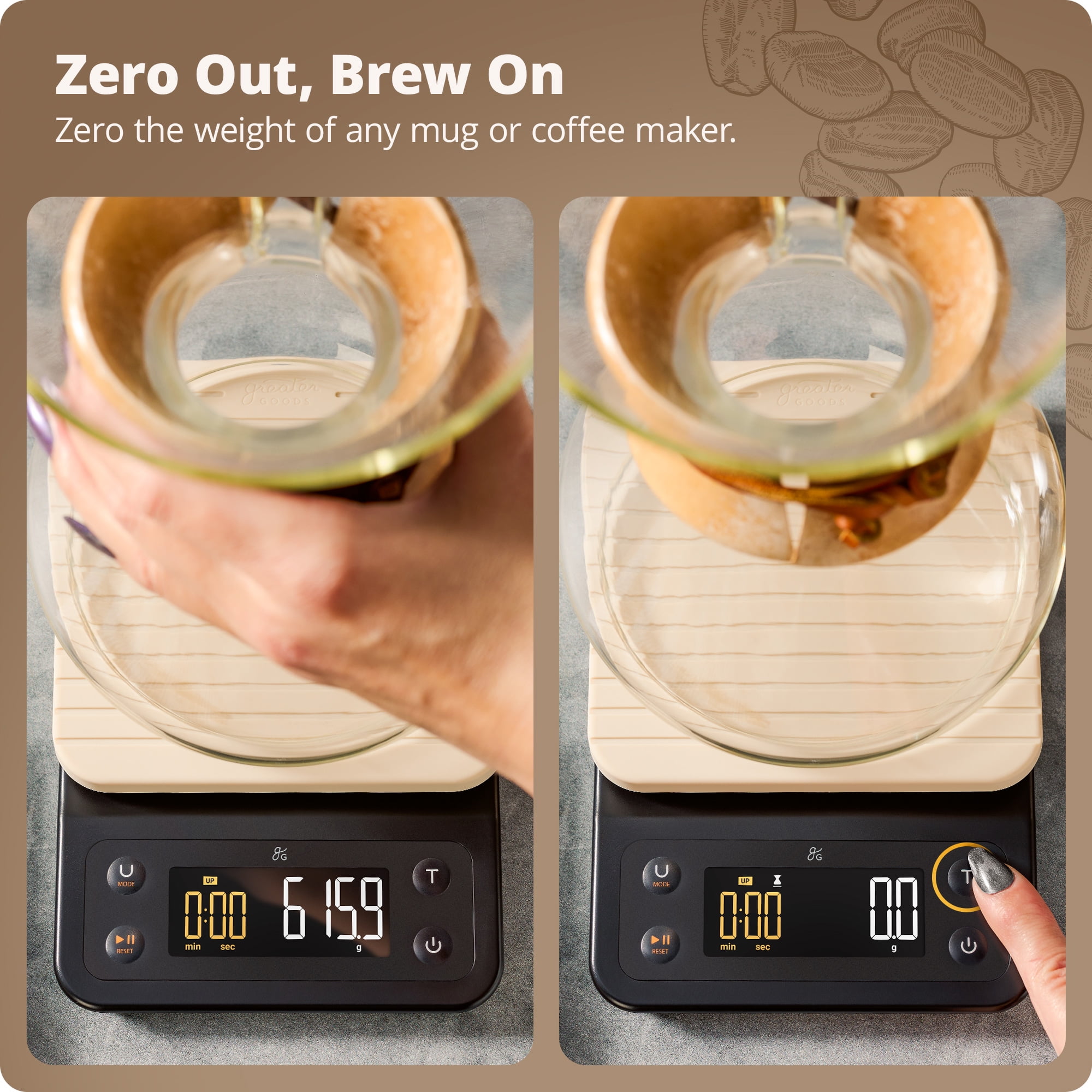 Greater Goods Coffee Scale with Timer, 0.1g Precision, 3kg Capacity, 6-Unit Digital Espresso & Pour-Over Scale, Silicone Waterproof Cover, Auto Shut-Off (Birch White)