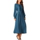 thumbnail image 4 of Vestido midi A-line con cuello redondo, mangas largas, volantes y bolsillos en azul pavo real para mujer Inspire Chic, 4 of 5