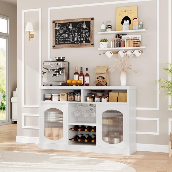 Kselythan Modern Coffee Cabinet with Led Lights, White Bar Cabinet with 2 Glass Doors, Coffee Bar Cabinet with Adjustable Shelves, Wine Cabinet with Wine Racks for Dining Room, Living Room, Kitchen