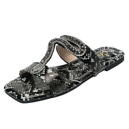 

Fsqjgq Saltwater Sandals for Women Slip On Flat Sandals Casual Bling Rhinestone Strap Sandals Square Toe Slide Sandals for Ladies Beach Shoes for Women Sandals Black 40