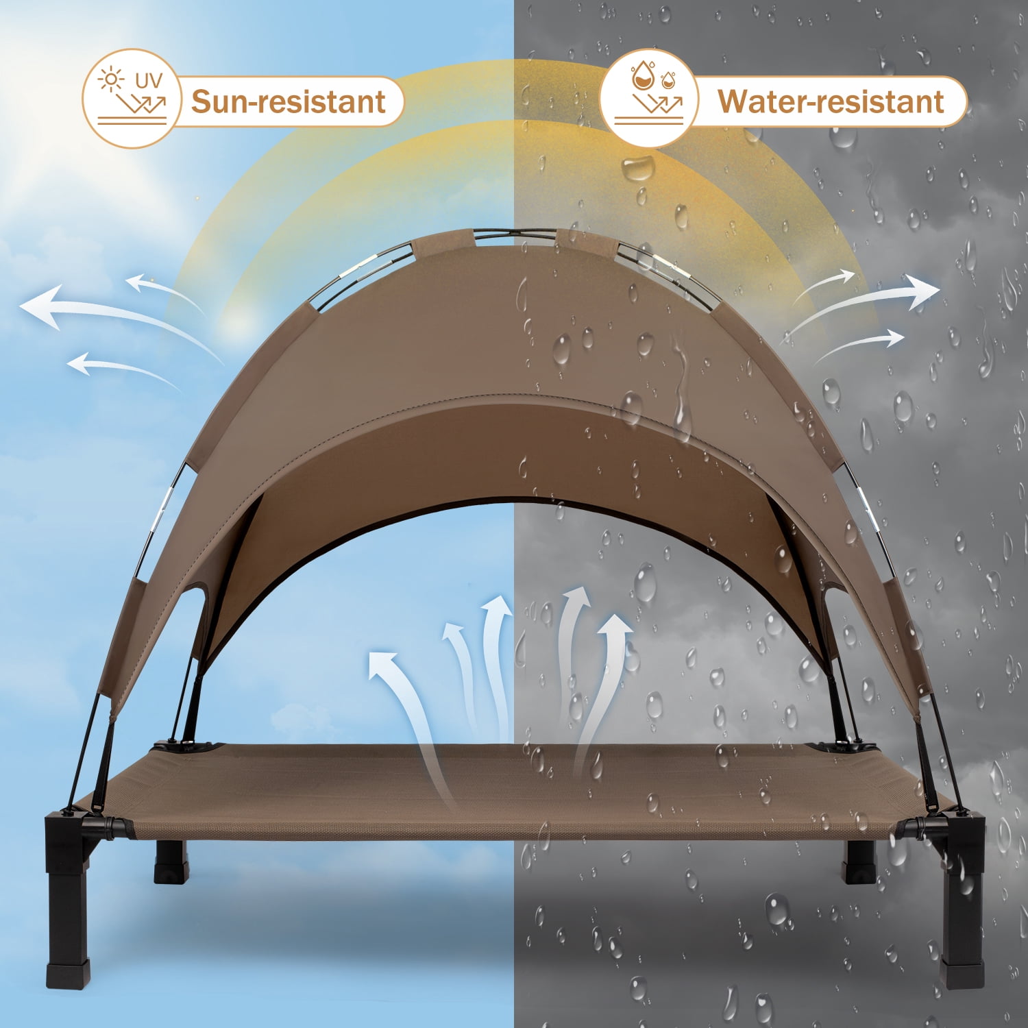 Niubya Cooling Elevated Dog Bed, Portable Raised Pet Cot with Removable Canopy and Washable Mesh,Large,Brown