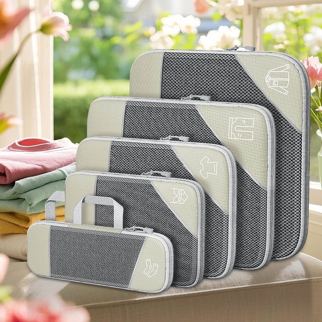 Xihbxyly Juego de 5 Cubos de Compresión para Equipaje de Viaje con Cremallera, Organizadores de Malla de Nailon para Ropa y Accesorios, Tallas Grandes y Pequeñas.