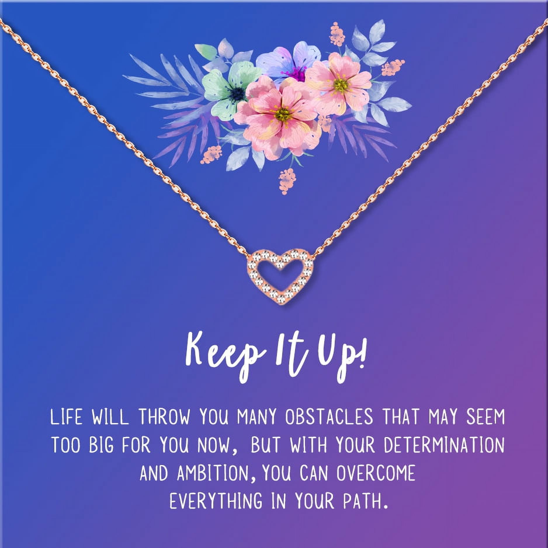 Anavia Keep It Up Card Gift Jewelry, Inspirational Card Necklace, Cheer up Gift, Encouragement Gift for Friend-[Rose Gold Mini Crystal Heart, Blue-Purple Gift Card]