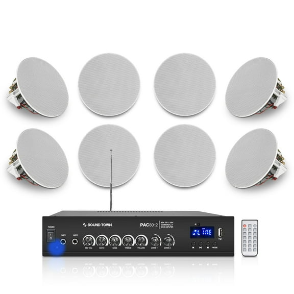 Sound Town Commercial Restaurant Bluetooth Amplifier   in-Ceiling Speaker Set, with One 2-Zone 70V/100V Amplifier with Bluetooth, 8 x Two-Way 4.5-Inch in-Ceiling Speakers, White (PAC80X8CS4N)