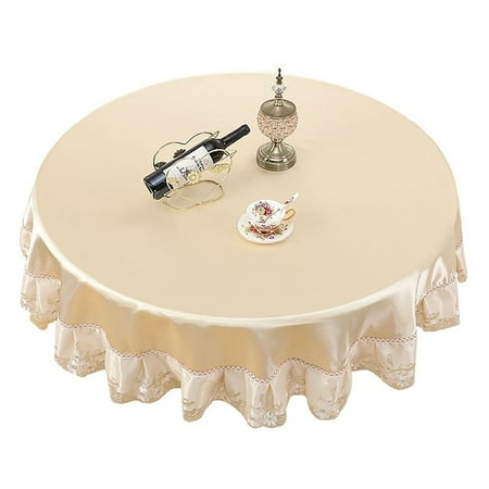 

Round Tablecloth Polyester Dust Proof Heat Resistant Tablecloth With Lace Spill Proof Table Cover For Living Bedroom Wedding Party Banquet-Beige-220cm