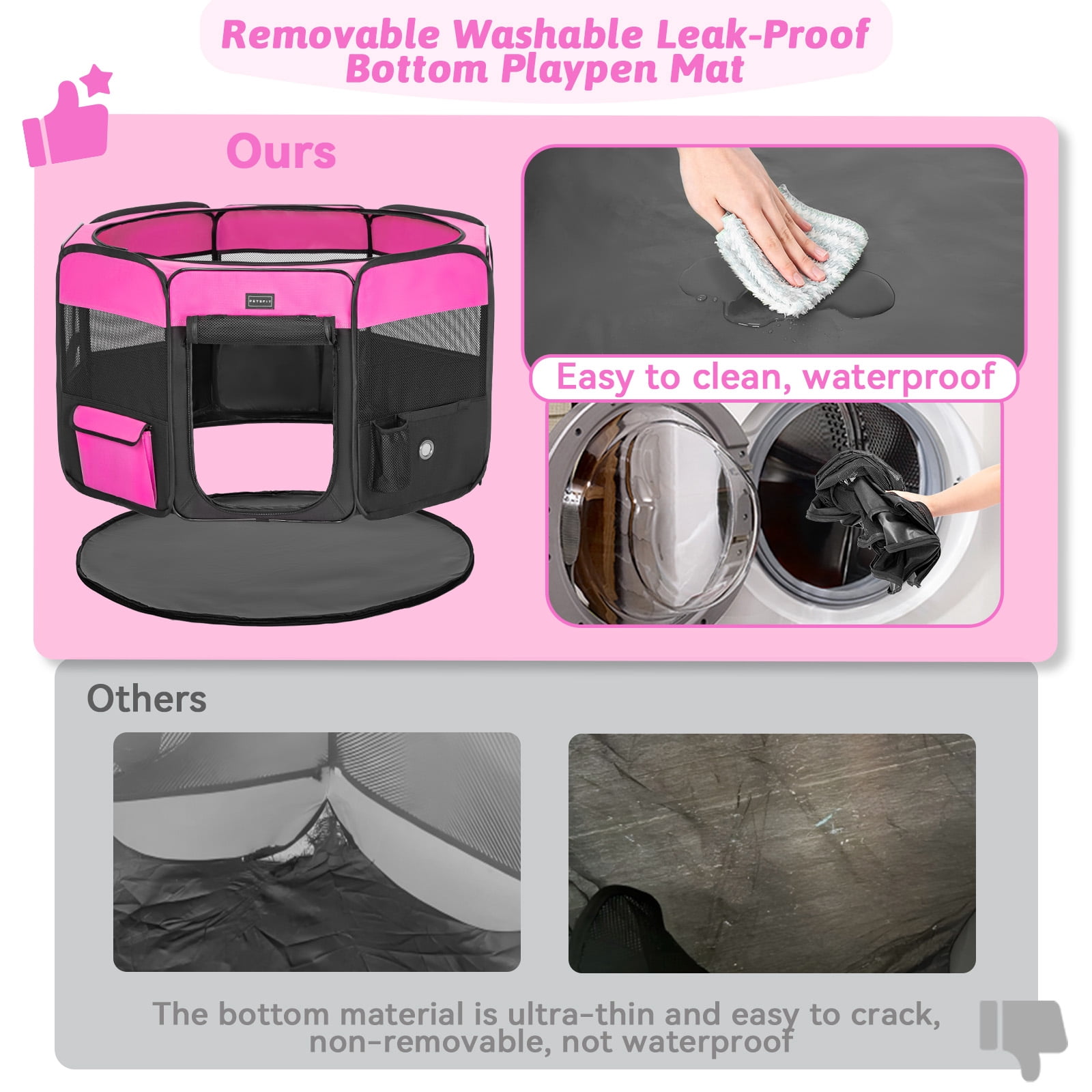 PETSFIT Portable Dog Playpen,36" Dog Play Pen Indoors with Removable Waterproof Mat & Zippered Roof | RV, Camping, Travel Dog Pen | Whelping & Cat Observation Space