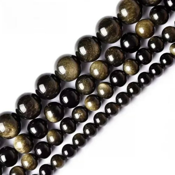 K-KED Natural Gemstones Black Gold Obsidian Round Bead 15" strand 4 6mm 8mm 10mm 12mm-8 mm