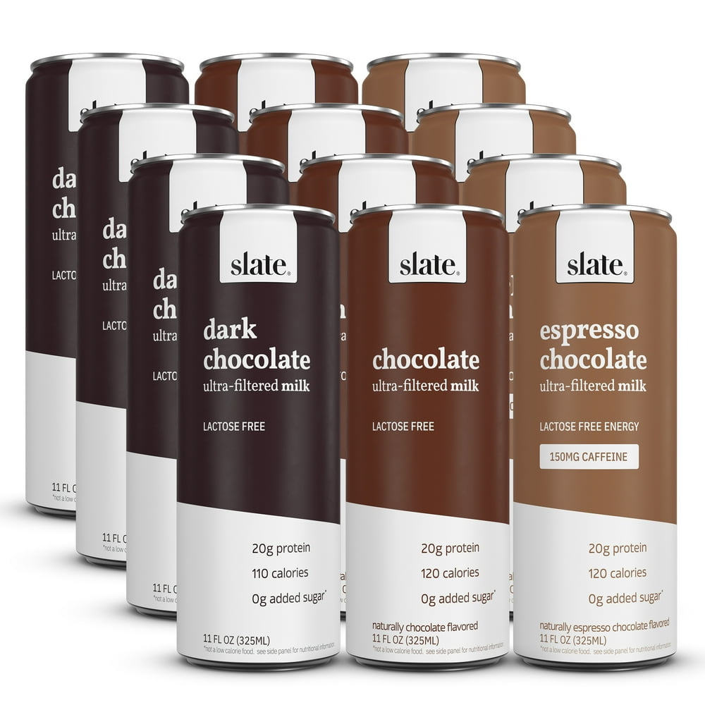 Slate Milk High Protein Shake, Variety Pack, Chocolate, Dark Chocolate, Espresso Chocolate
