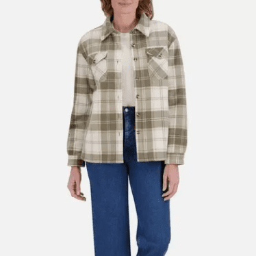 SAGE Women's Front Button Closure Plaid Plush Shirt Jacket Green XL