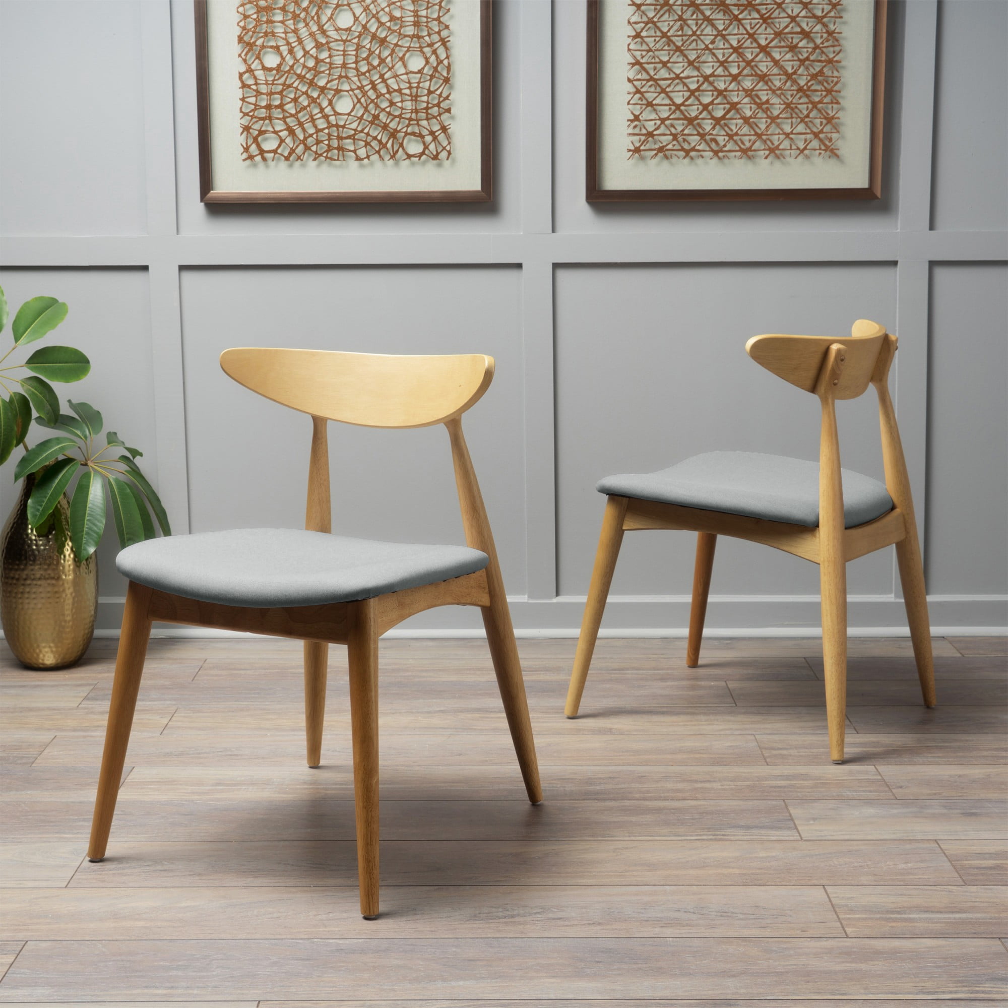 Aukfa Dining Chairs Set of 2, Mid Century Wood Side Chairs with Curved Backrest and Upholstered Seat, Dining Room Chairs for Kitchen, Living Room, Oak
