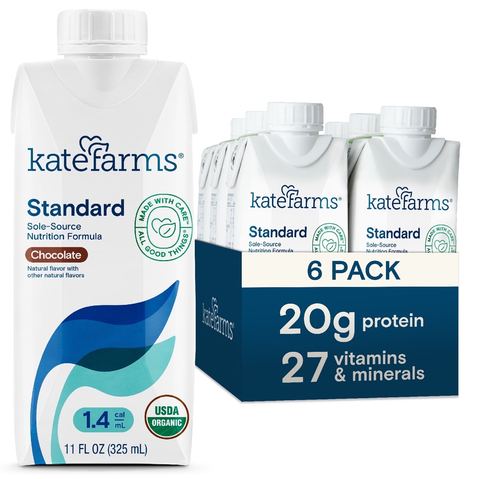 Kate Farms Organic 1.4 High Calorie Nutrition Shake for Adults, Chocolate, 20g Protein, 27 Vitamins and Minerals, Meal Replacement, 11 oz (6 Pack)