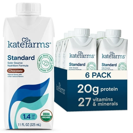 Kate Farms Organic 1.4 High Calorie Nutrition Shake for Adults, Chocolate, 20g Protein, 27 Vitamins and Minerals, Meal Replacement, 11 oz (6 Pack)