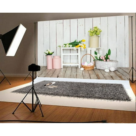 Image of MOHome 7x5ft Photography Backdrop Happy Easter Eggs Fresh Flowers Vase Basket Whitewashed Stripes Wood Plank Grunge Wooden Floor Photo Background Children Baby Adults Portraits Backdrop