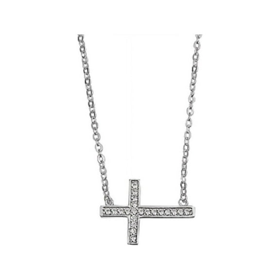 Clear Cubic Zirconia Classic Sideway Cross Necklace Sterling Silver 16"