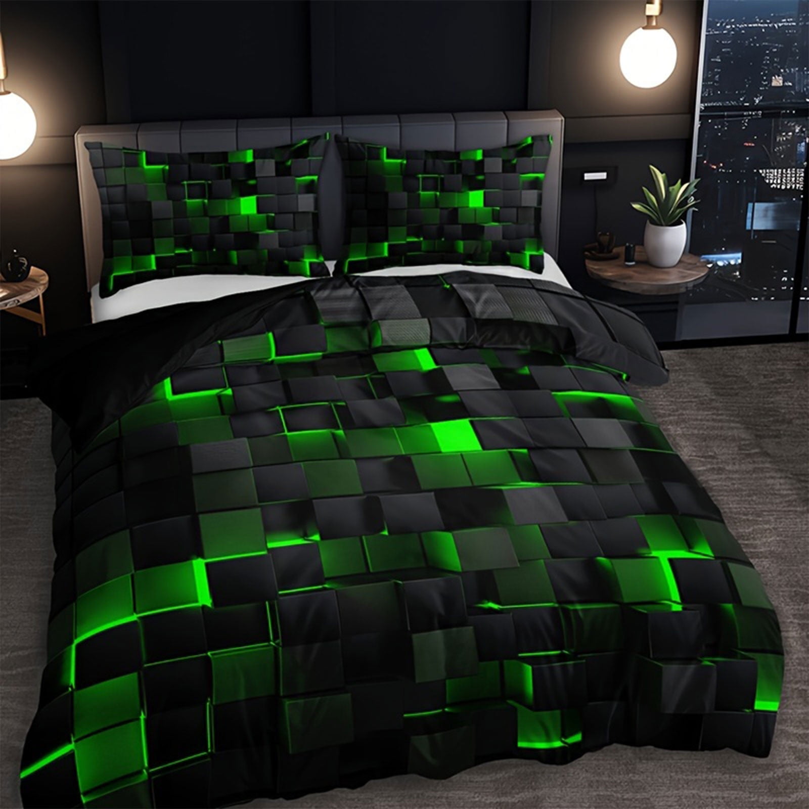 Quilt Bedding Set, 59X79 In, Green Black Geometric Print, Duvet Cover Set, Guest Room Sleeping, Pillow King Size Set of 2, 3 Piece Bundle