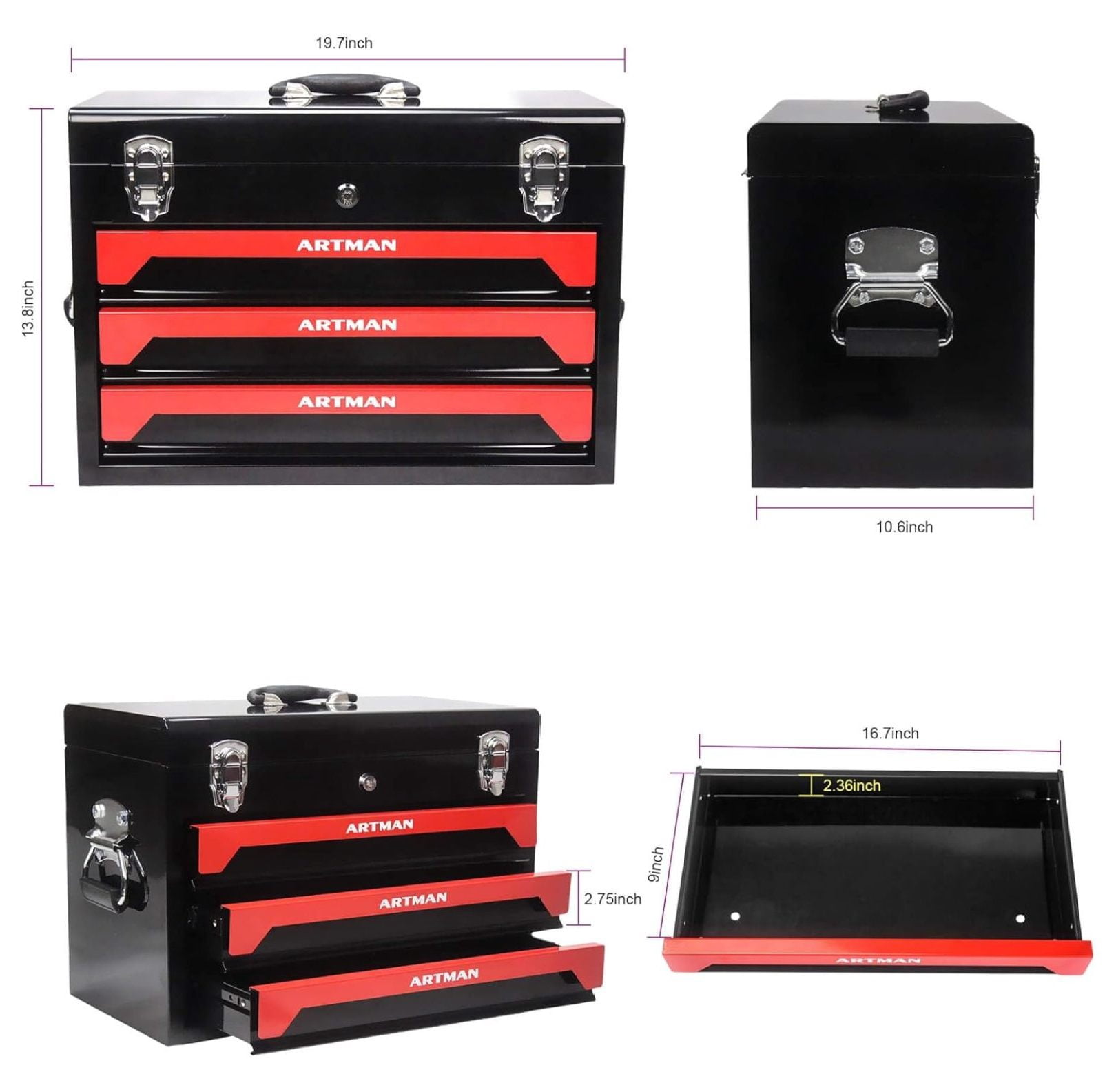 Portable 3 Drawer Tool Box - Metal Tool Box with Drawers for Parts Organizer, General Tool Chest with Metal Closure & Handles for Truck and Cars