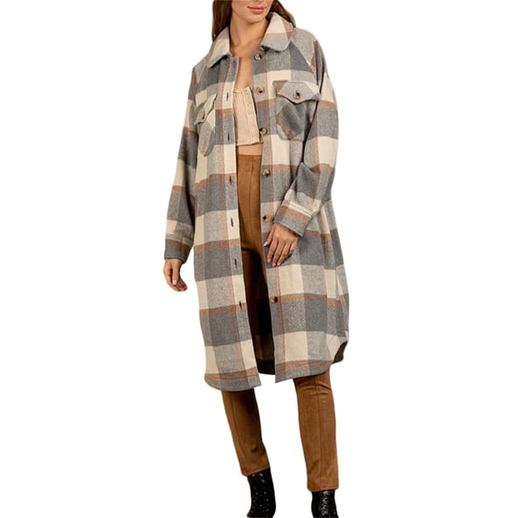 Sedceaty Women's Long Shacket Jacket, Plaid Print Long Sleeve Lapel Button Down Casual Coat Autumn Winter Outerwear