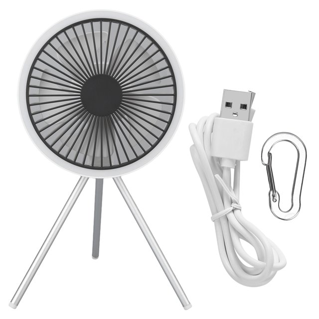 Ventilador portátil para acampar con 3 niveles de temporizador ajustable, carga USB, para exteriores, con trípode desmontable, color blanco