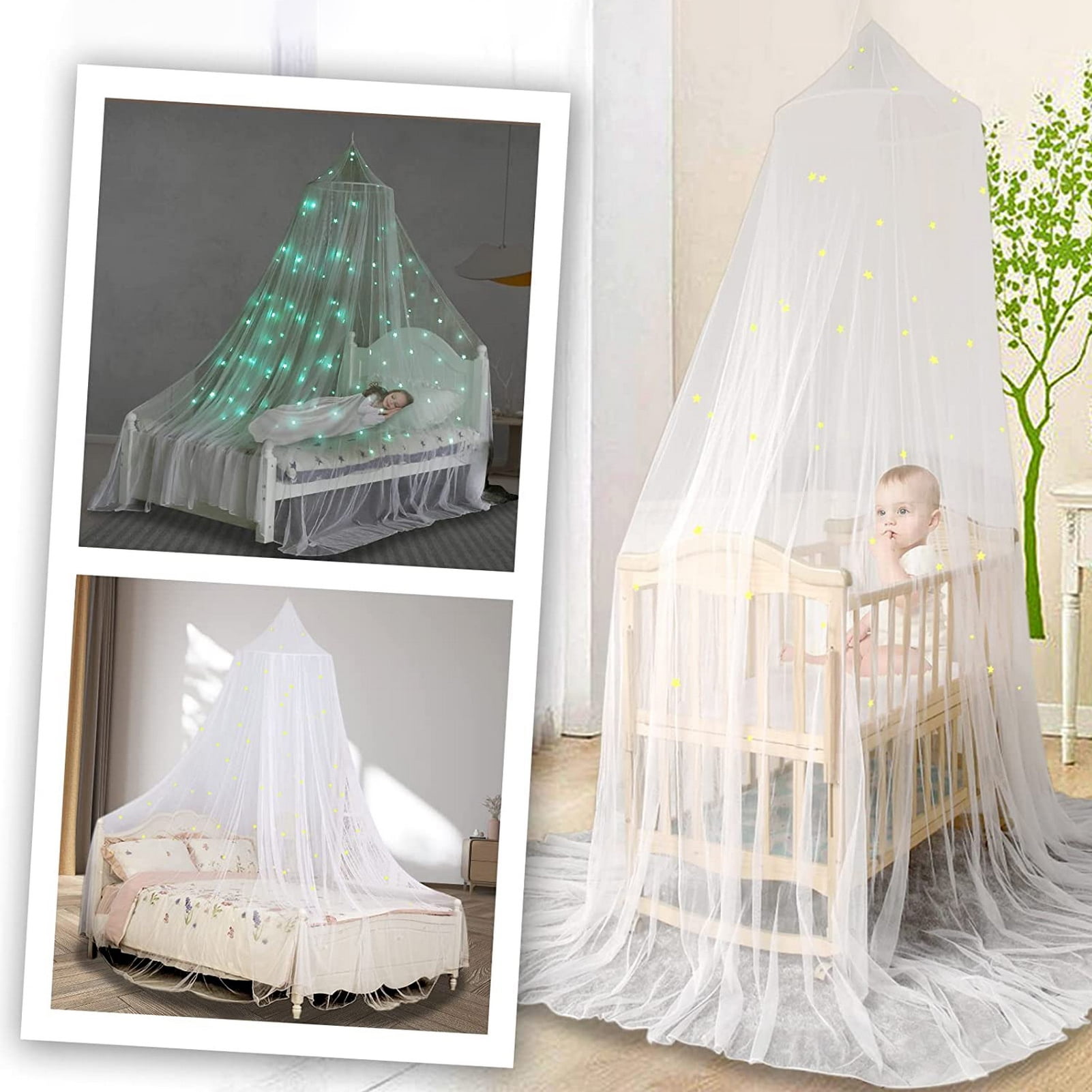Opvise 1 Set Dome Bed Canopy Foldable Glow-in-the-dark Polyester Stars Princess Canopy Bed Room Decor Household Supplies