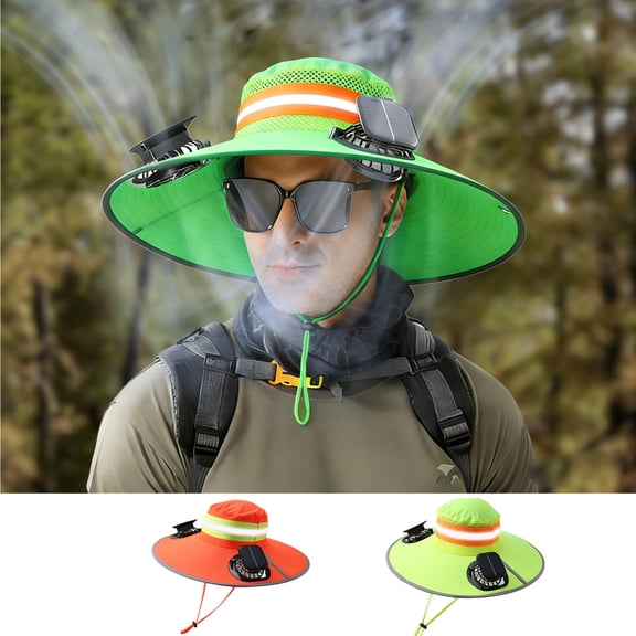 Wide Brim Solar Fan Cap,Sun Hard Hat Shade Full Brim with 2 Solar Fans,Fluorescent Mesh Hat With Reflective Strip,Summer Protection Hard Hat Accessories for Outdoor