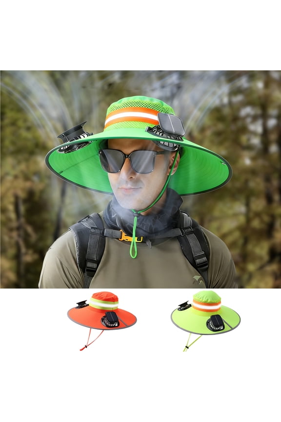 Wide Brim Solar Fan Cap,Sun Hard Hat Shade Full Brim with 2 Solar Fans,Fluorescent Mesh Hat With Reflective Strip,Summer Protection Hard Hat Accessories for Outdoor