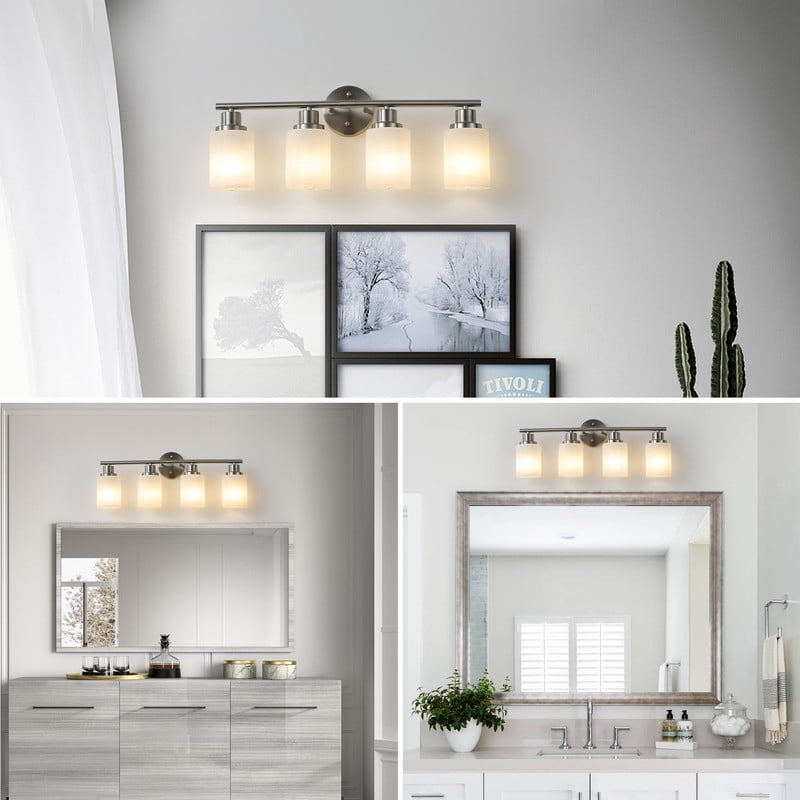 24" Modern 4-Light Vanity Wall Sconce, Brushed Nickel Finish with Frosted Glass Shades for Bathroom or Hallway Lighting (No Bulbs)